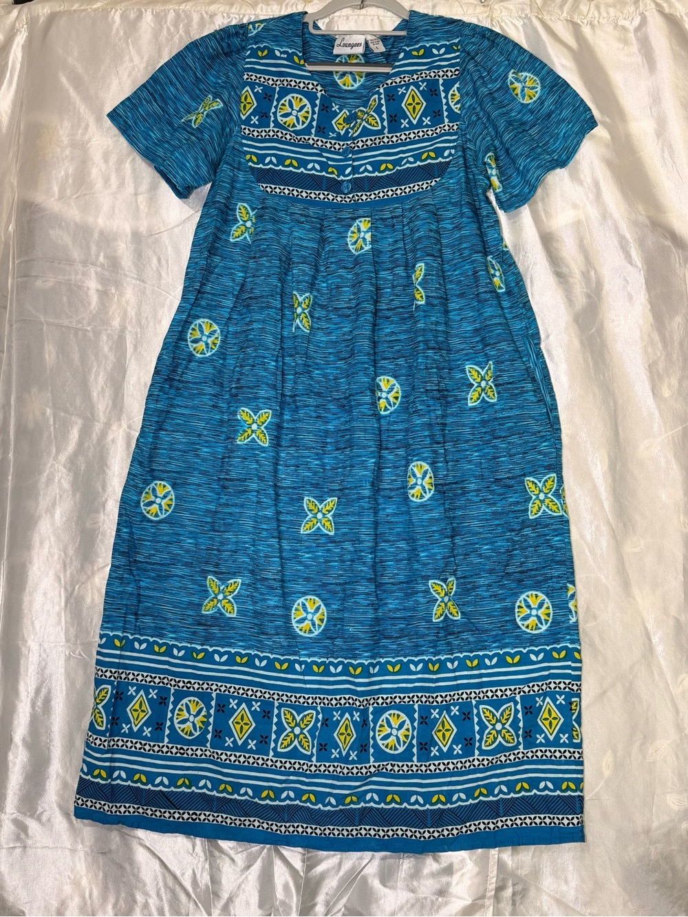 Loungees Y2K Cotton House Dress/Nightgown Size L Blue Floral Caftan Loungewear